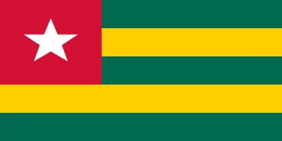 Flag of Togo, featuring five horizontal stripes of green and yellow with a red square and white star in the top left corner.