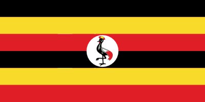 The flag of Uganda features six horizontal stripes of black, yellow, and red with a central white circle containing a grey-crowned crane.