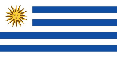 The flag of Uruguay with nine horizontal stripes alternating blue and white, and a yellow Sun of May in the upper left corner.