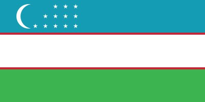 Flag of Uzbekistan with three horizontal stripes: blue, white, and green, separated by red lines. Features a crescent moon and twelve stars in the top-left corner on the blue stripe.