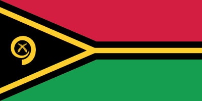 The flag of Vanuatu features horizontal red and green stripes, a black triangle with a yellow Y-shape, and a black boar's tusk surrounded by leaves on the left.