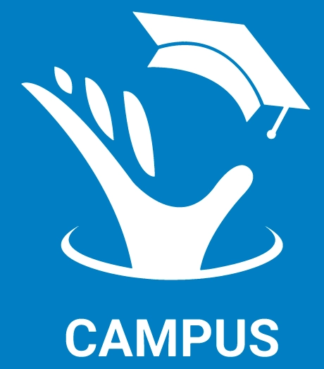 A stylized white hand and graduation cap on a blue background with the word "CAMPUS" below.