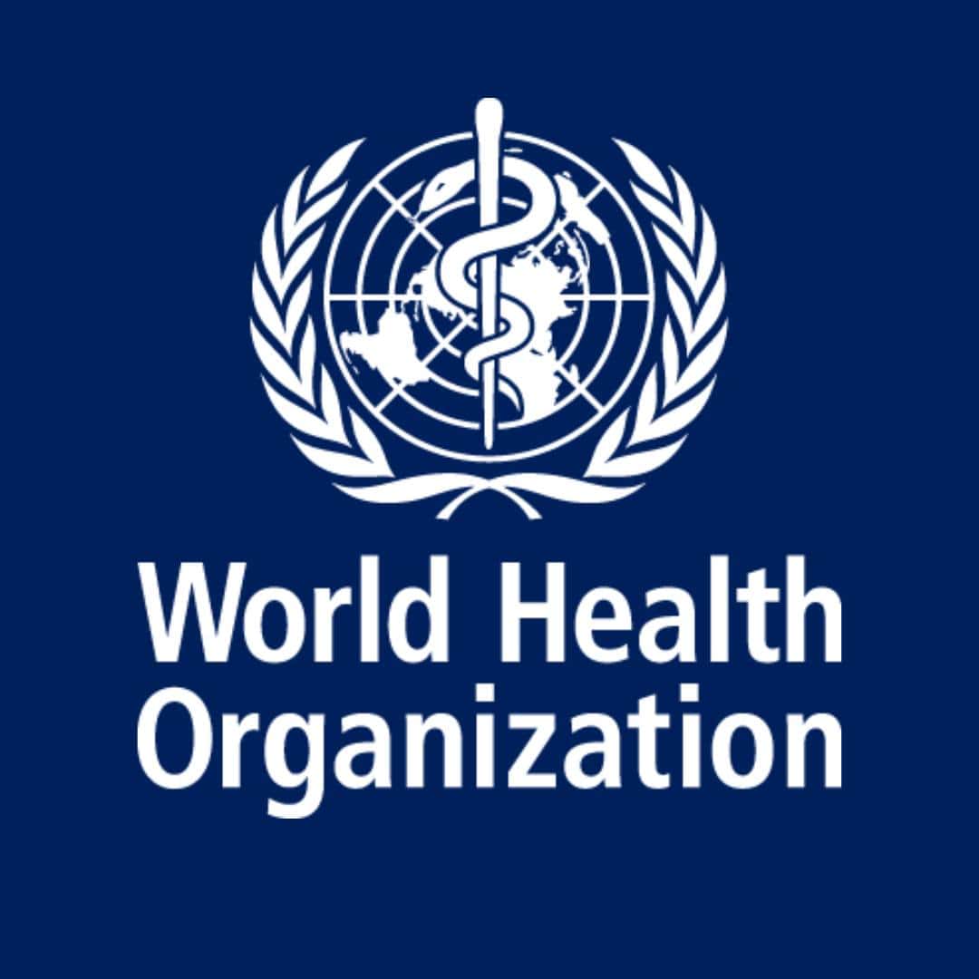 World Health Organization logo with a globe, a rod, and a serpent, framed by olive branches, on a blue background.