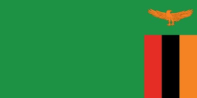 Flag of Zambia with a green field, and vertical stripes of red, black, and orange on the right. An orange eagle is above the stripes.