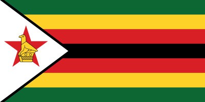 Flag of Zimbabwe featuring horizontal green, yellow, red, and black stripes with a white triangle containing a red star and a yellow bird.