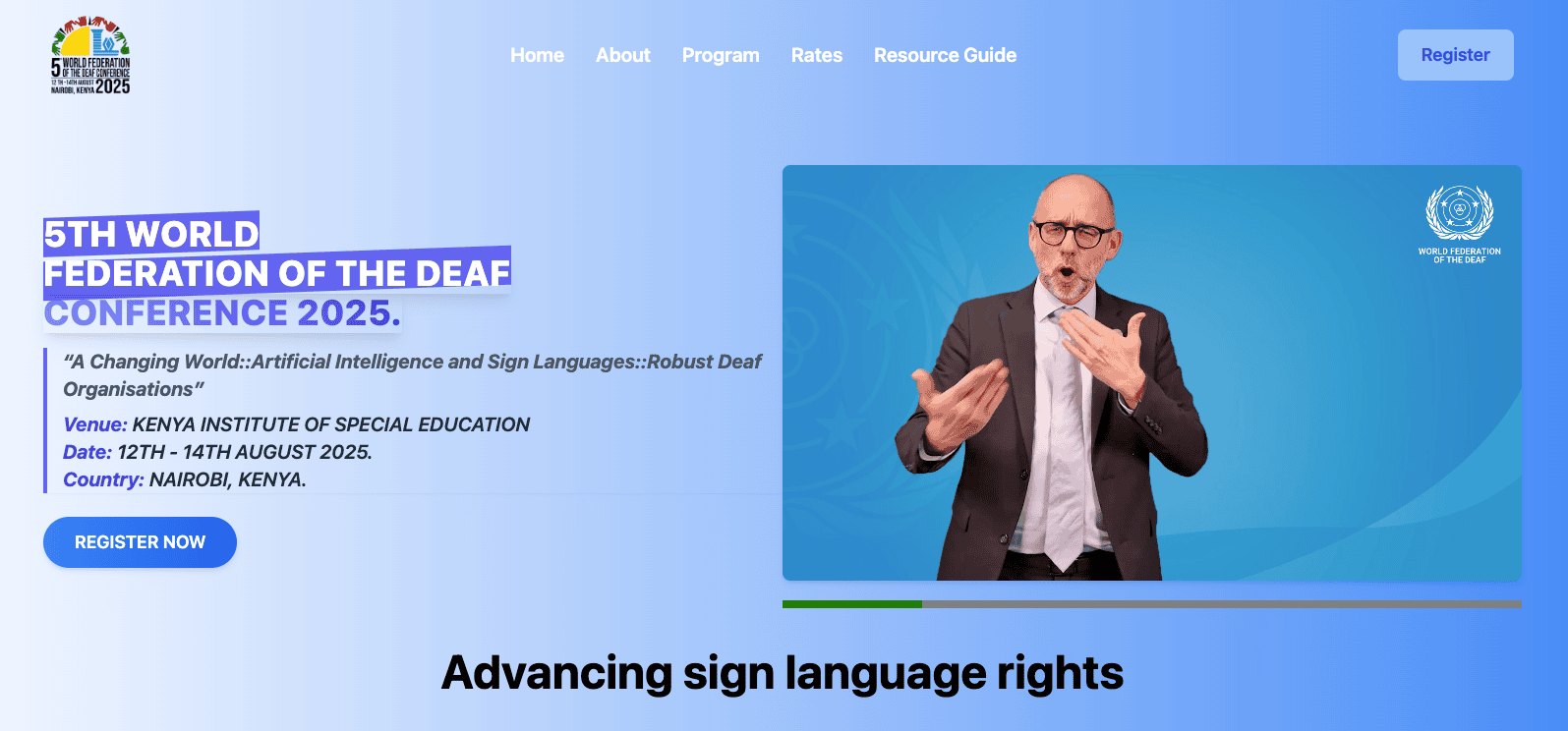 Webpage for the 5th World Federation of the Deaf Conference 2025, featuring a speaker using sign language, with event details and register button on a blue background.