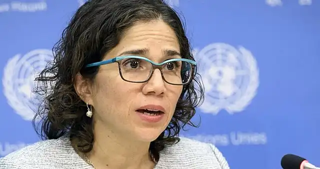Person with curly hair and glasses speaking at a United Nations event. Blue UN logo in the background.