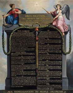 A historical artwork titled "Declaration of the Rights of Man and of the Citizen" showing a detailed list flanked by two allegorical figures, framed by a wreath, with symbolic elements.