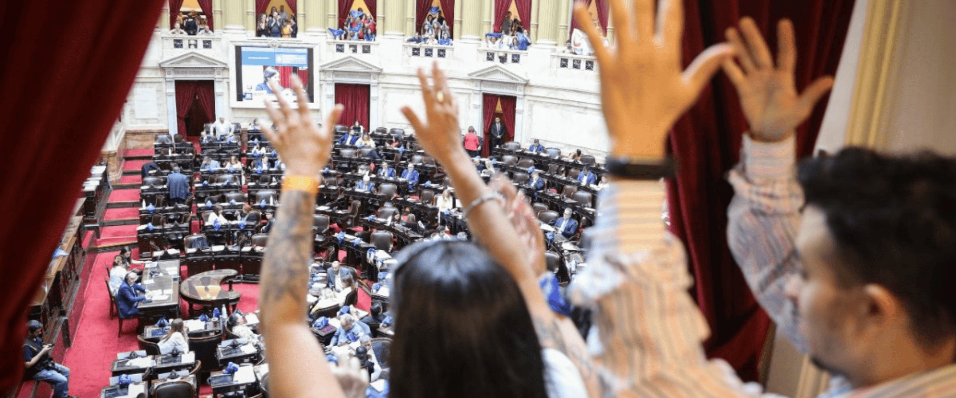 People with raised hands observe a crowded parliamentary session in a government building, viewed from behind red curtains.