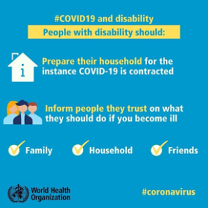 Infographic titled "#COVID19 and disability" advises people with disabilities to prepare their household and inform trusted individuals. Icon checkmarks for family, household, and friends.