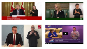 A collage of press conferences with officials speaking alongside sign language interpreters, featuring different settings and backdrops.