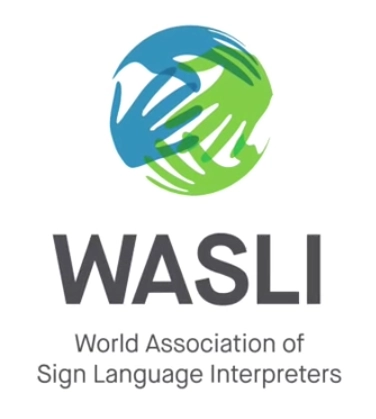Logo of the World Association of Sign Language Interpreters (WASLI) featuring overlapping green and blue hands forming a globe.